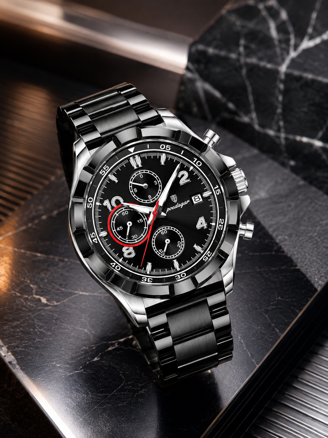 Men’s Black & Silver Chronograph-Style Watch