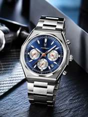 Men’s Octagonal Facet Silver-Tone Watch with Radiant Blue Dial