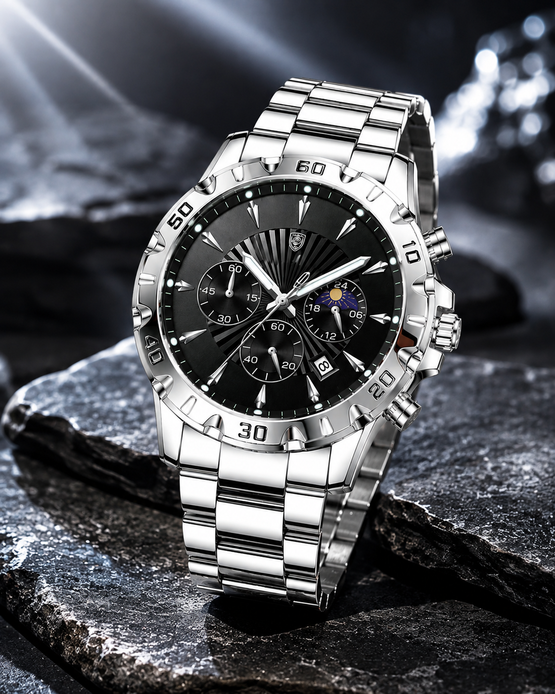 Men’s Classic Silver-Tone Watch – Black Sunburst Dial