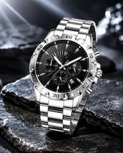 Men’s Classic Silver-Tone Watch – Black Sunburst Dial