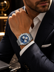 Men’s Octagonal Facet Silver-Tone Watch with Radiant Blue Dial