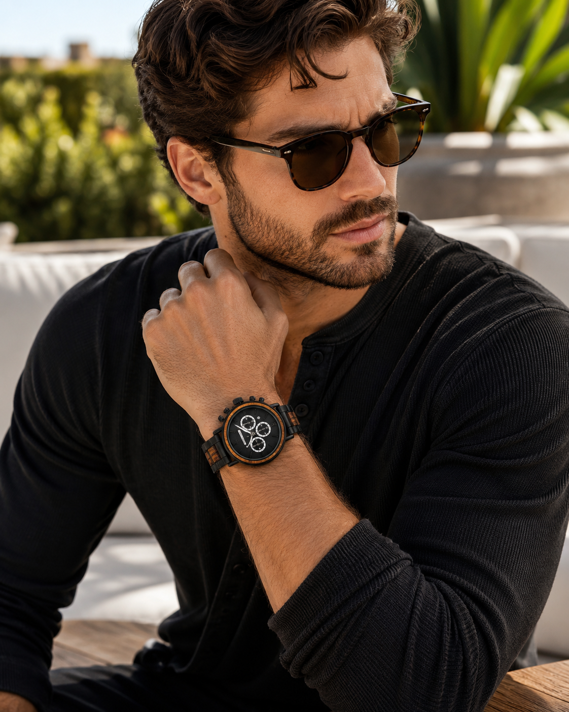 Men’s Black Wood-Inspired Chronograph-Style Watch