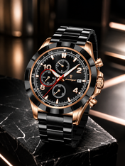 Men’s Black & Rose Gold Chronograph-Style Watch