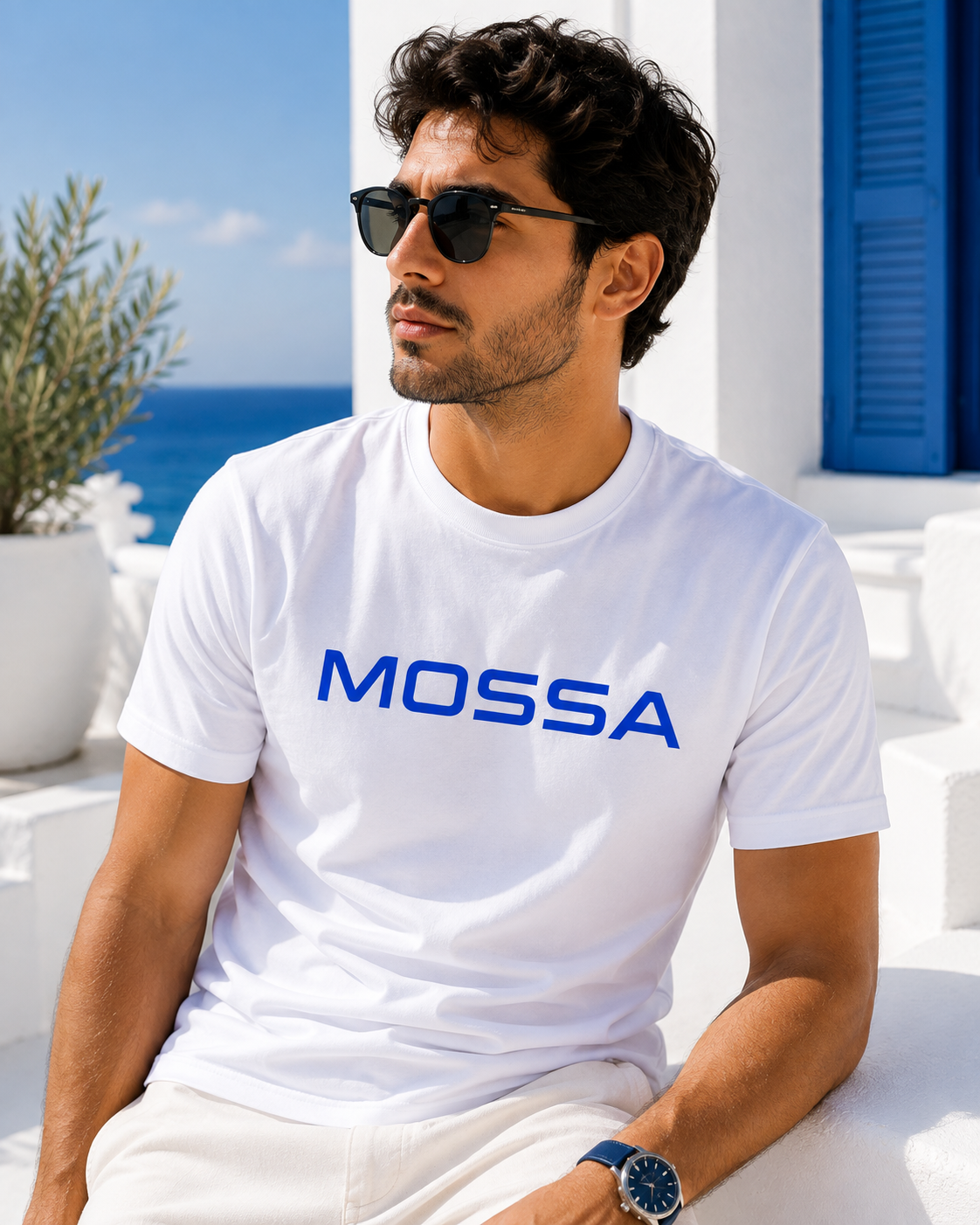 Men’s MOSSA White Short Sleeve T-Shirt with Blue Logo