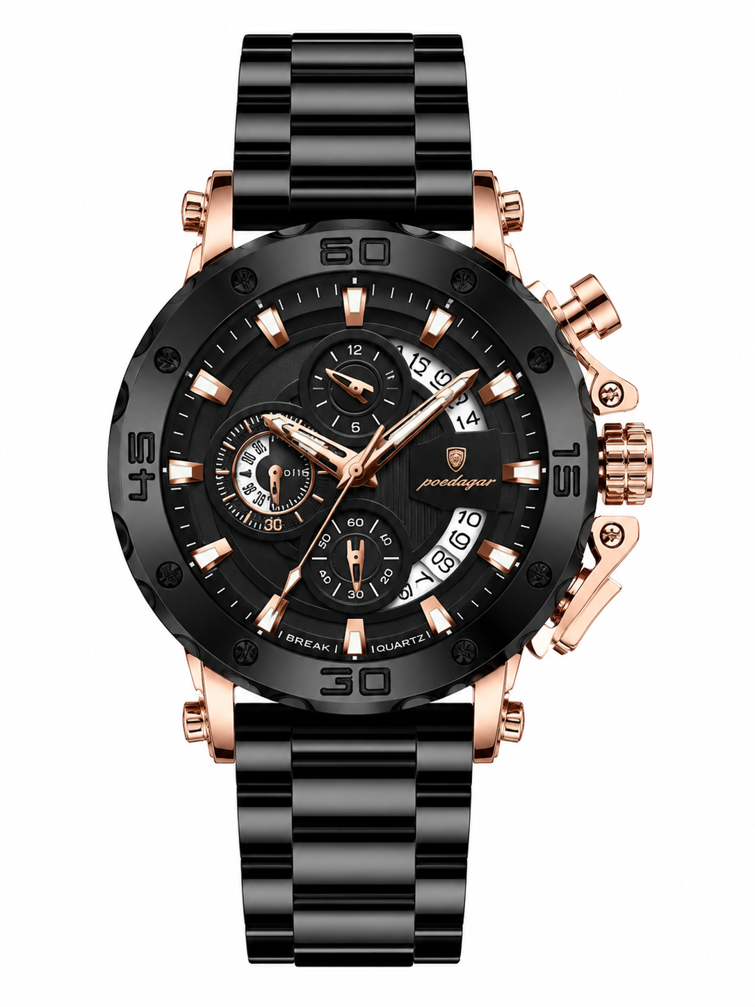 Men’s Black & Rose Gold Luxury Chronograph-Style Watch