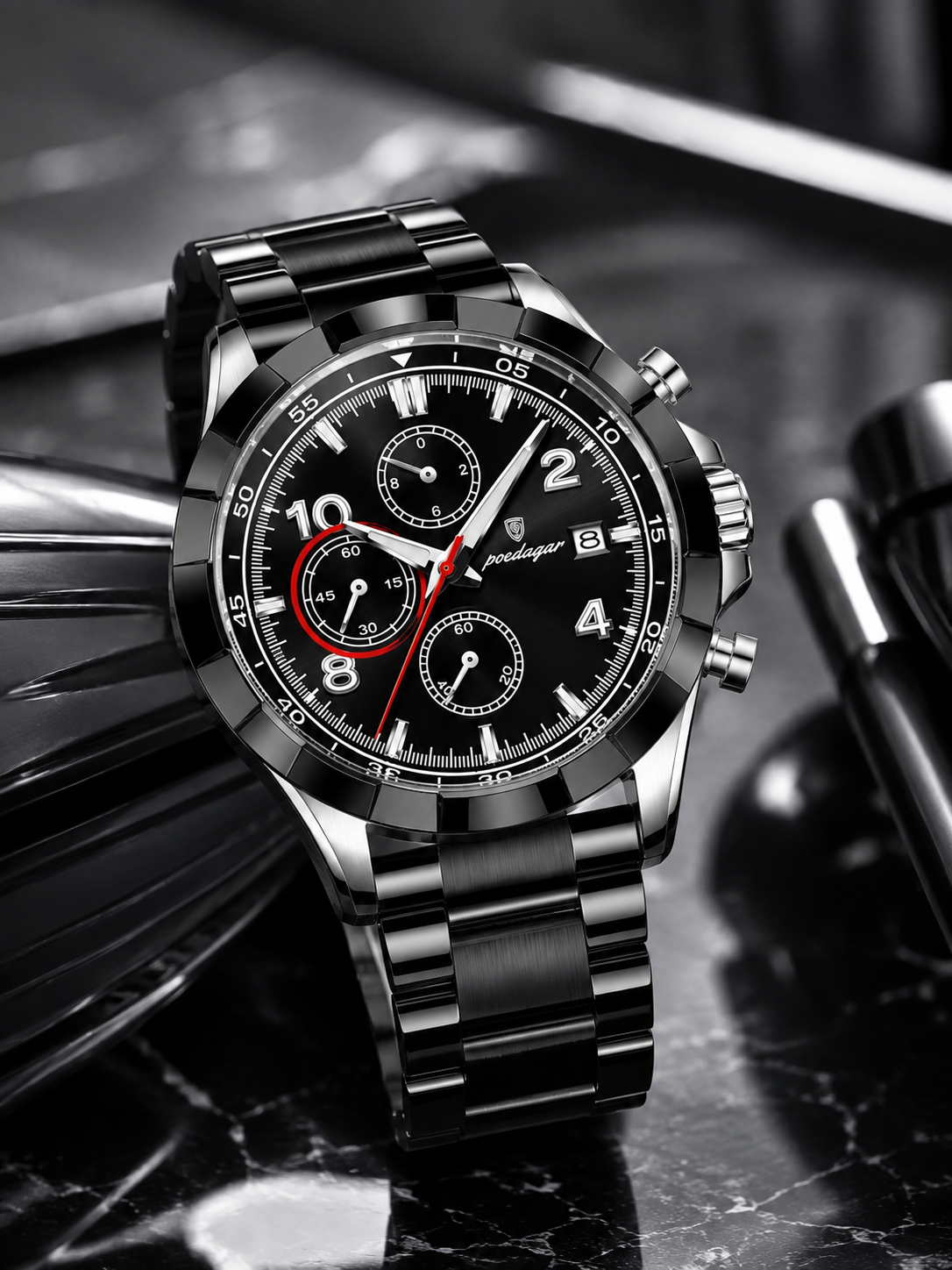 Men’s Black & Silver Chronograph-Style Watch