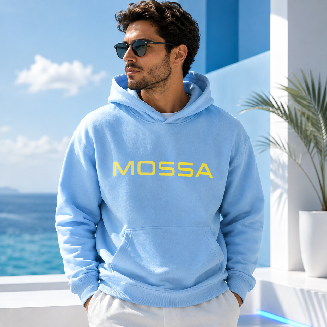 Men’s MOSSA Baby Blue Pullover Hoodie with Yellow Logo