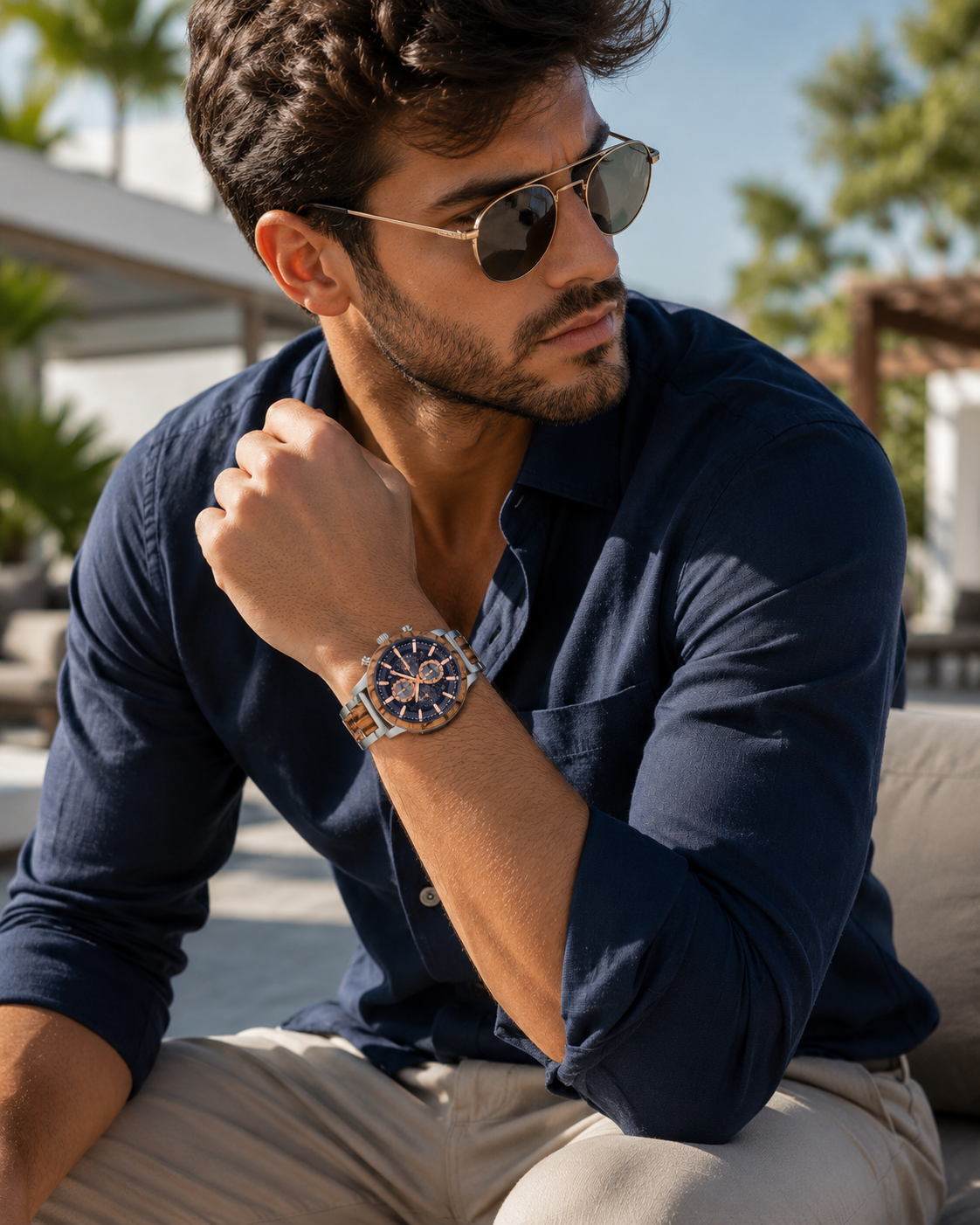 Men’s Silver-Tone Wood-Inspired Chronograph-Style Watch