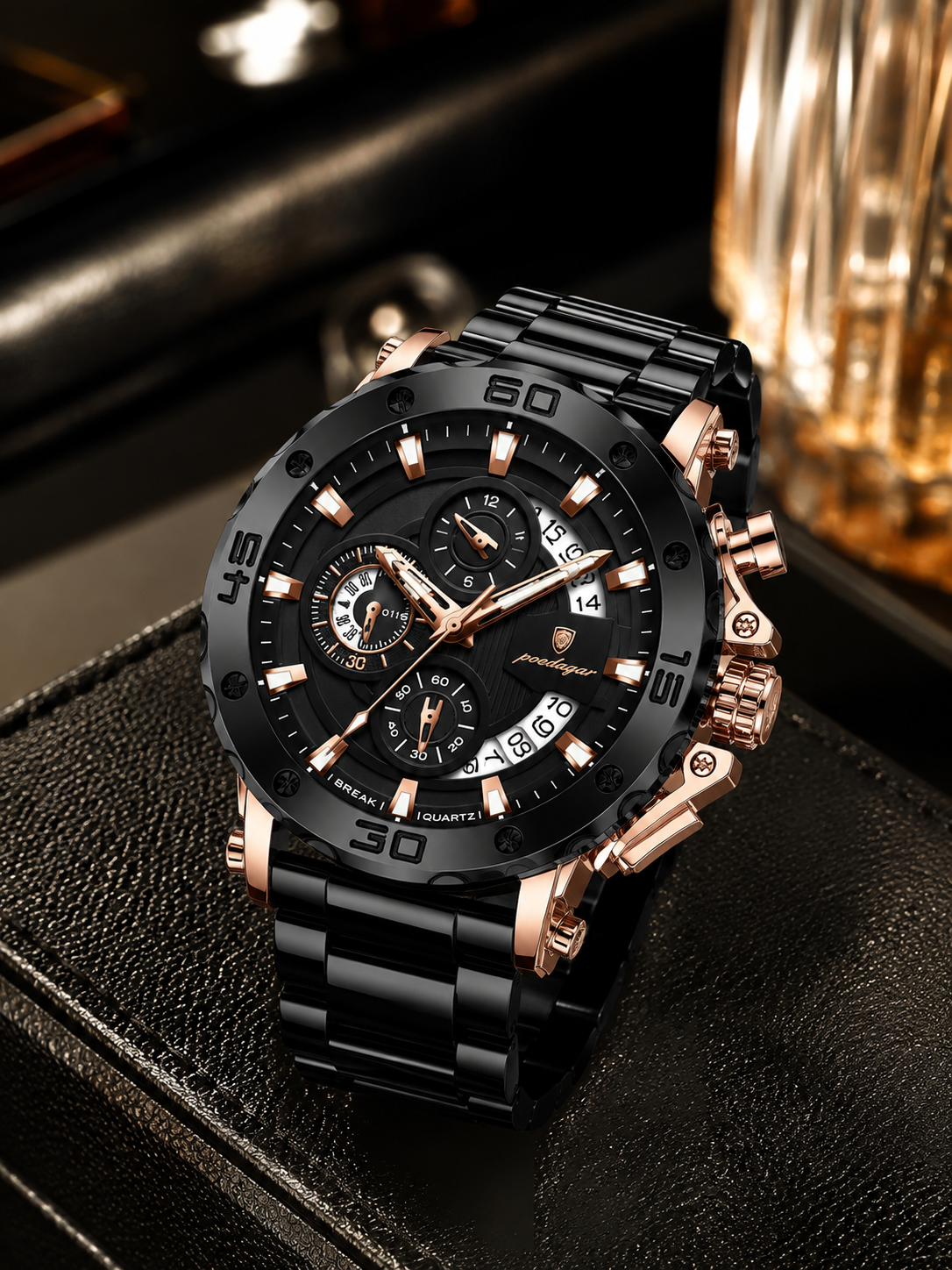 Men’s Black & Rose Gold Luxury Chronograph-Style Watch