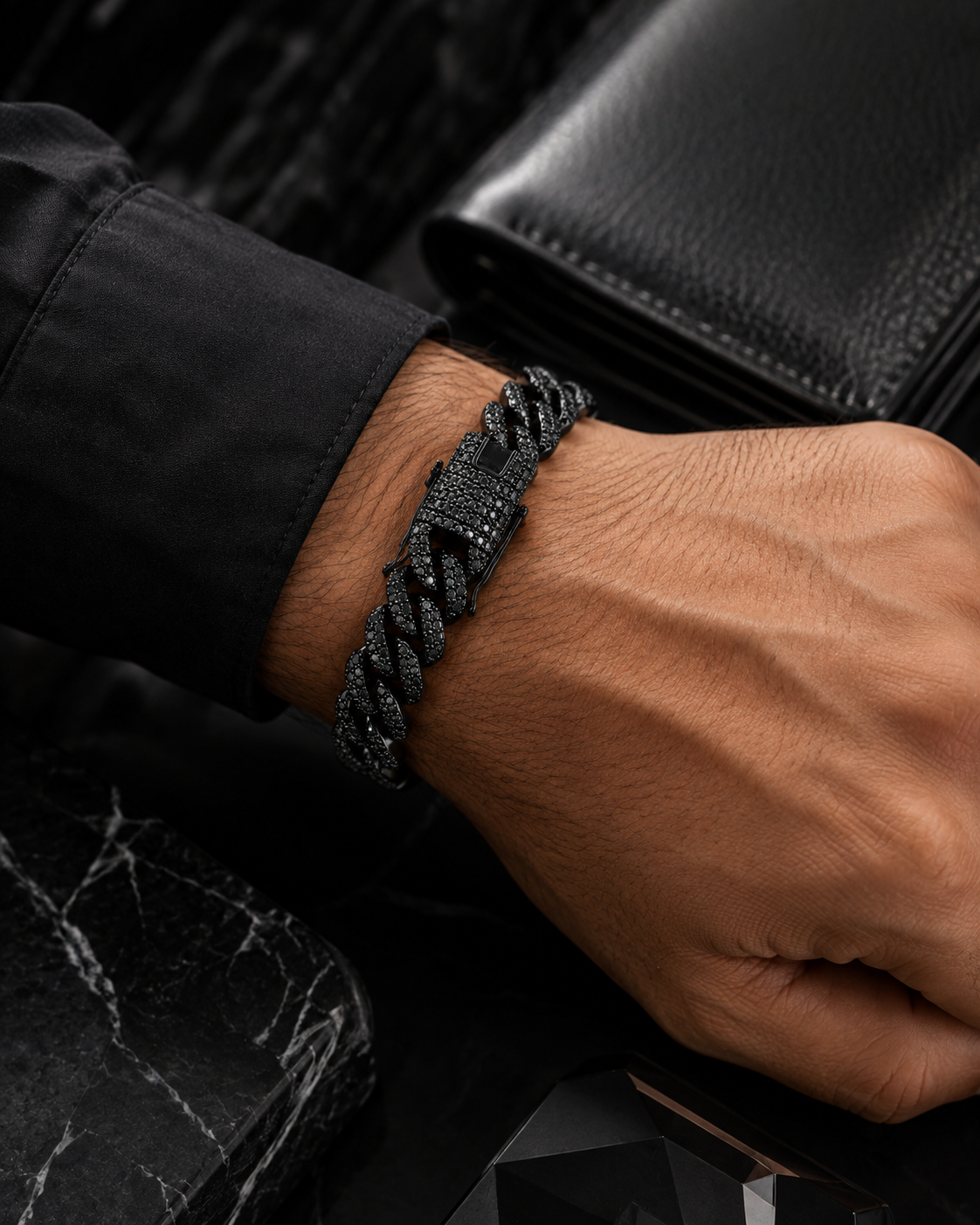 Men’s Black Iced-Out Cuban Link Bracelet with Statement Clasp