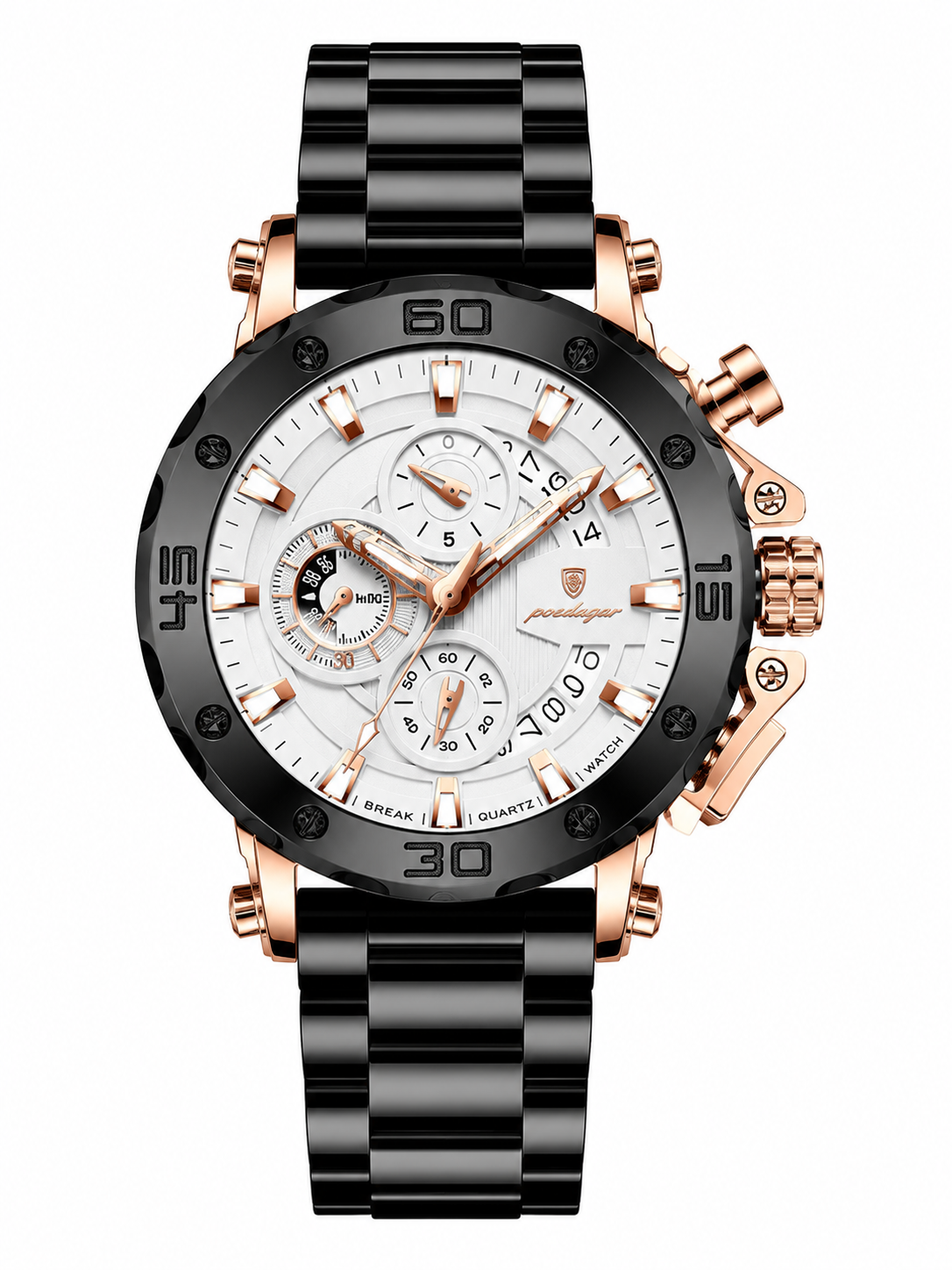 Men’s Black & Rose Gold Luxury Chronograph-Style Watch with White Dial
