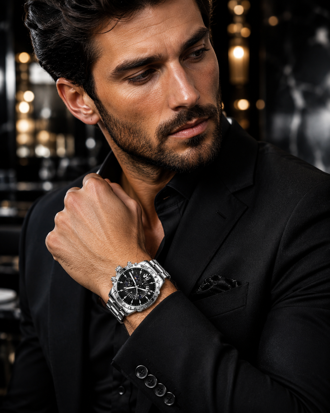Men’s Classic Silver-Tone Watch – Black Sunburst Dial