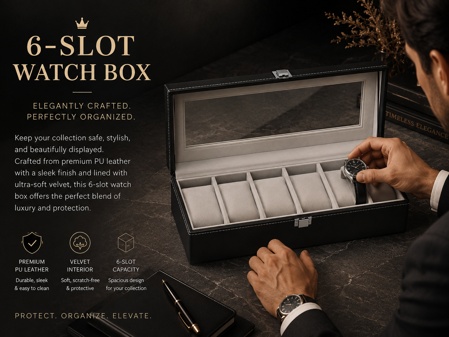 6-Slot Luxury PU Leather Watch Display Box