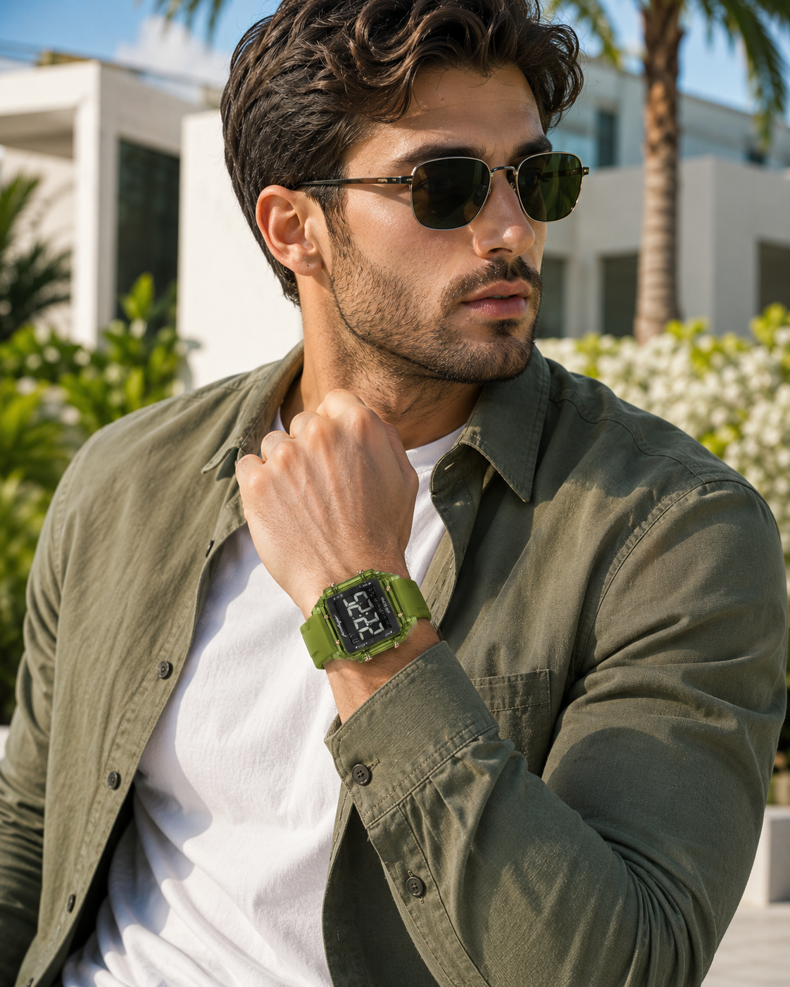 Men’s Green Digital Sport Watch with Transparent Case
