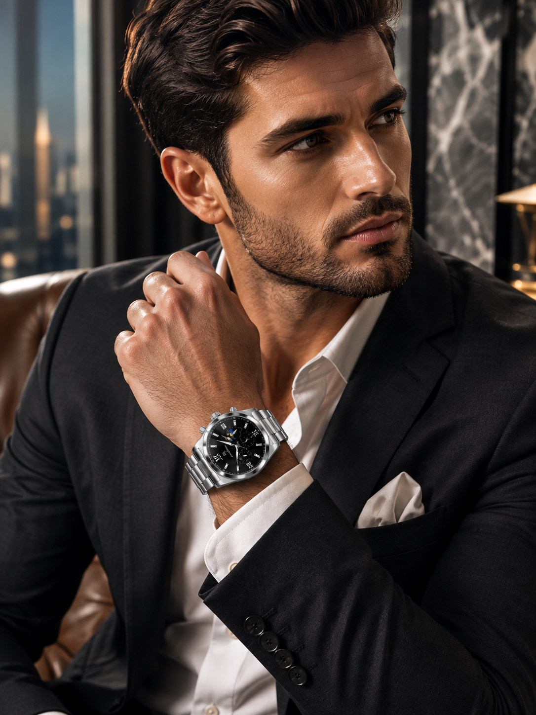 Men’s Silver-Tone Classic Dress Watch with black dial