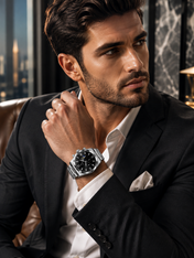 Men’s Silver-Tone Classic Dress Watch with black dial
