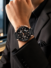 Men’s Black & Rose Gold Luxury Chronograph-Style Watch