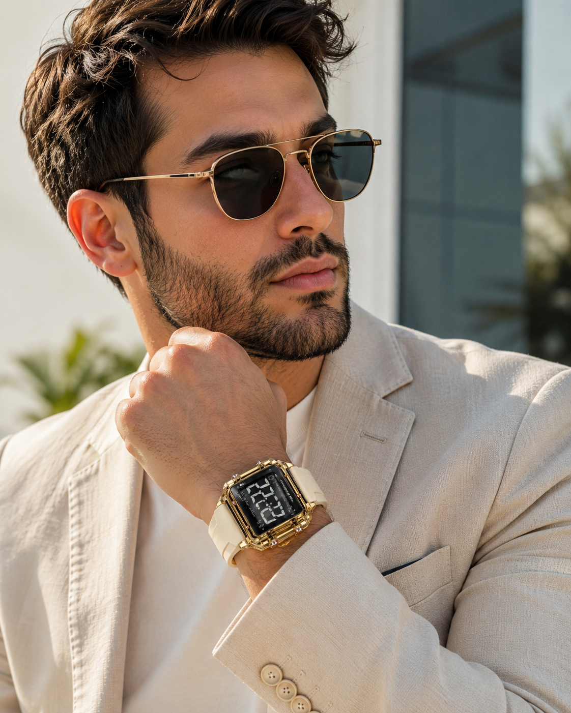 Men’s Gold-Tone Digital Sport Watch with Cream Strap