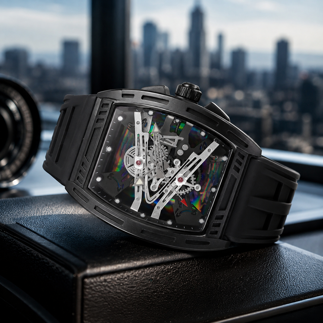 Men’s Black Skeleton Sport Watch with Black Rubber Strap
