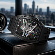 Men’s Black Skeleton Sport Watch with Black Rubber Strap