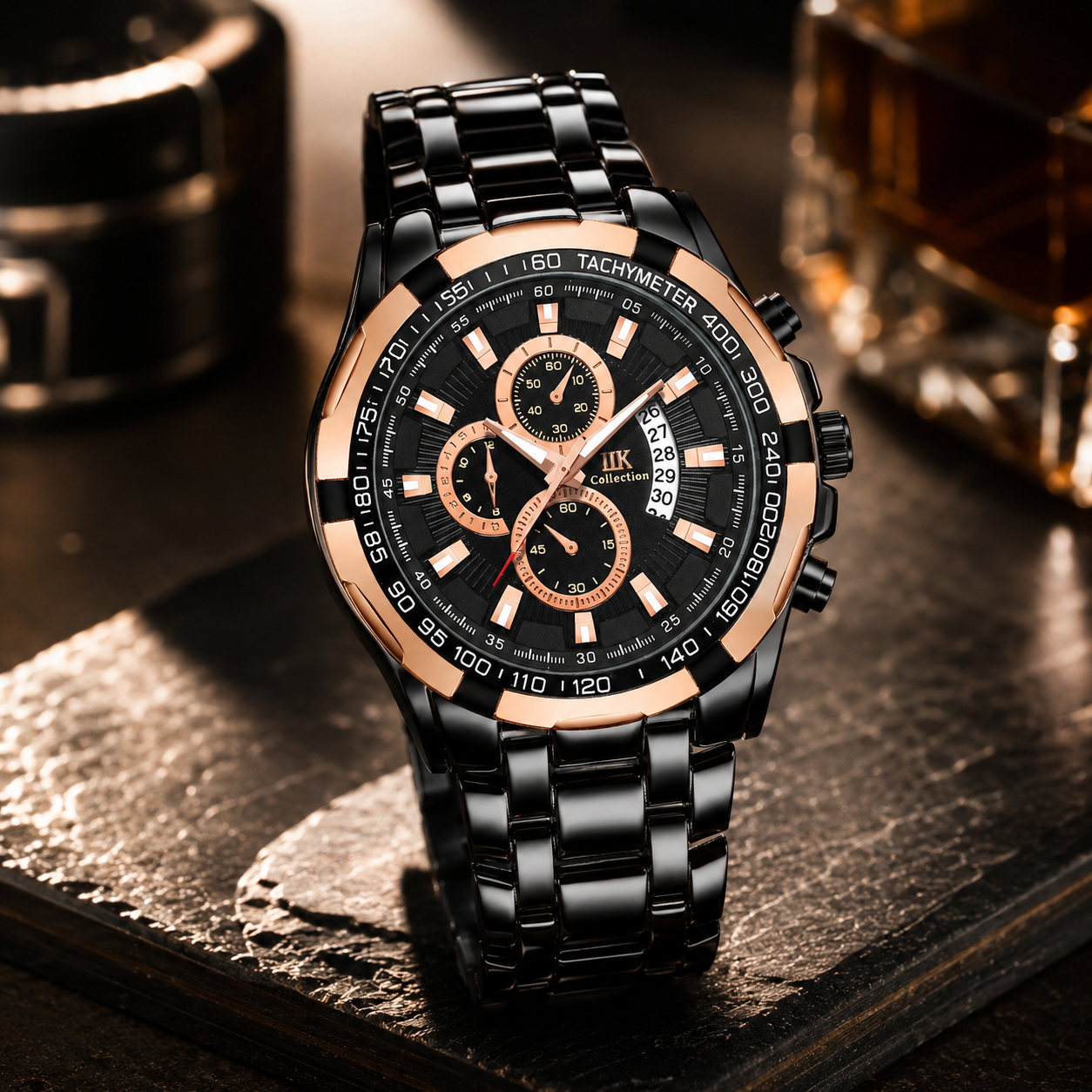 Men’s Black & Rose Gold Sport Chronograph-Style Watch