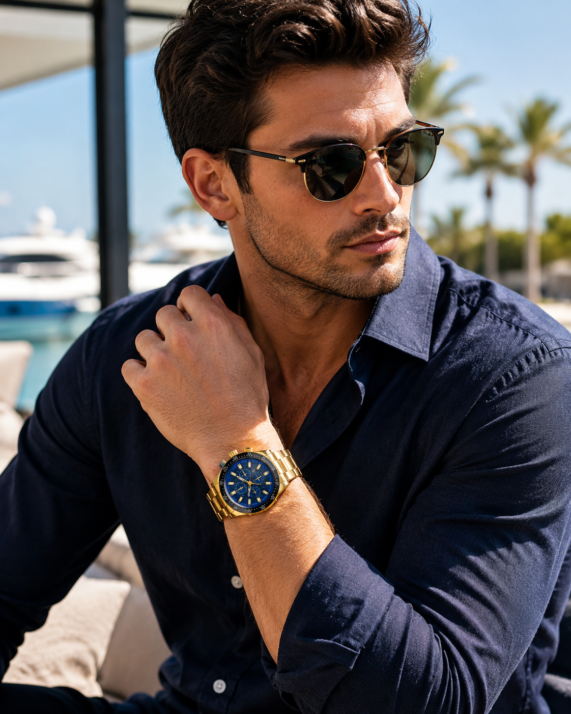 Men’s Gold-Tone & Black Sport Chronograph-Style Watch with Blue Dial