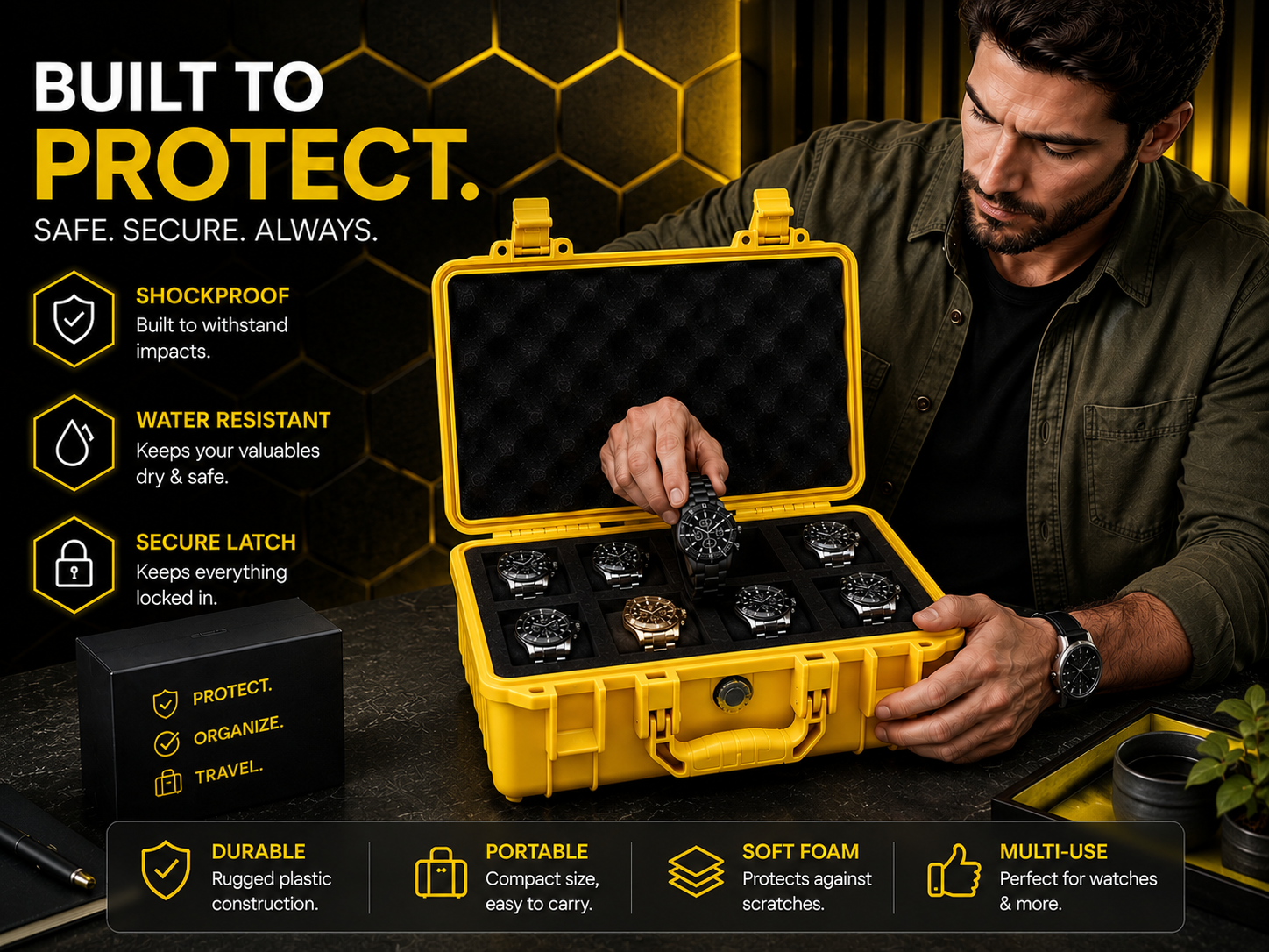 8-Slot Yellow Rugged Protective Watch Storage Case