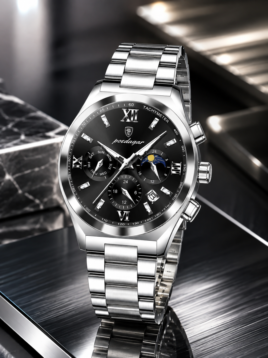 Men’s Silver-Tone Classic Dress Watch with black dial