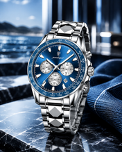 Men’s Silver-Tone Watch with Blue Dial