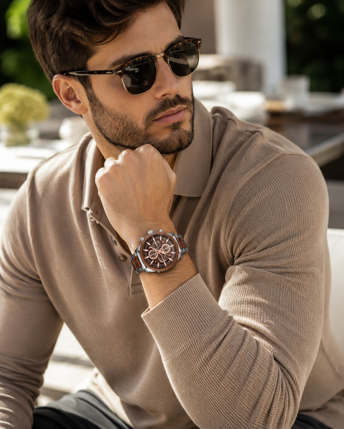 Men’s Silver-Tone Wood-Inspired Chronograph-Style Watch