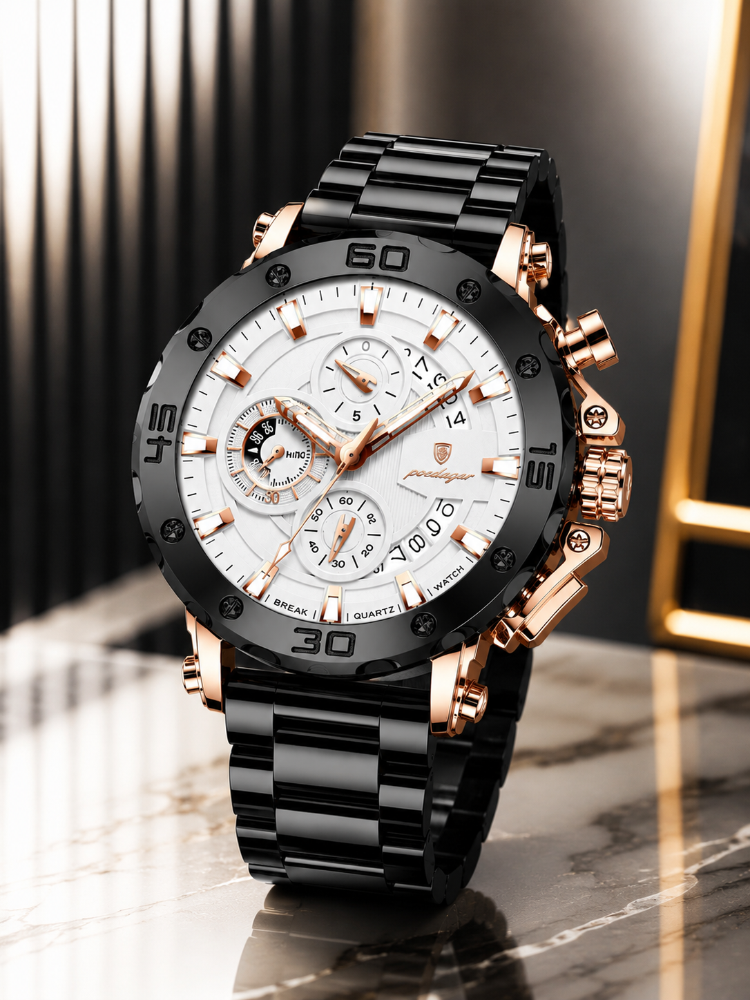 Men’s Black & Rose Gold Luxury Chronograph-Style Watch with White Dial