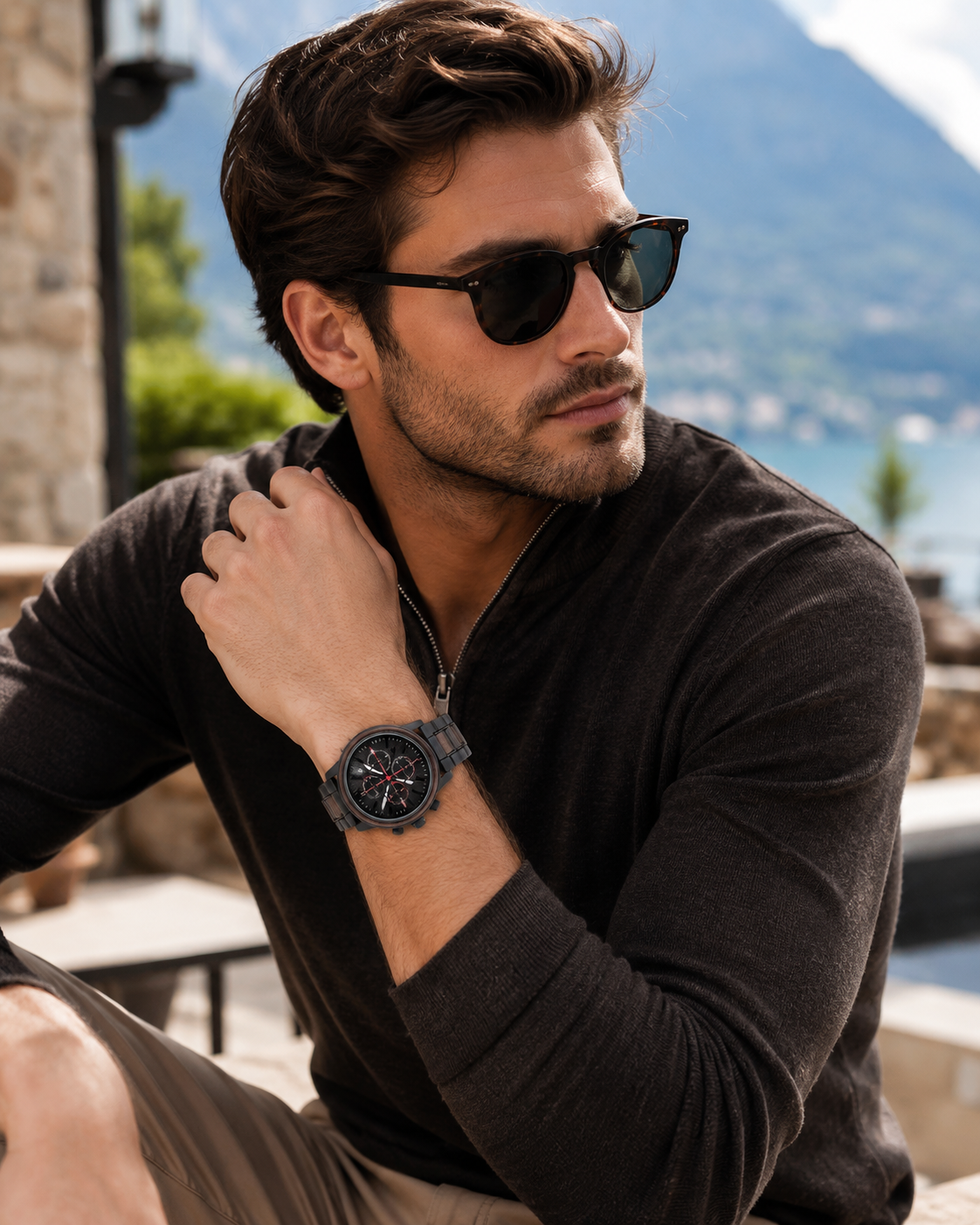 Men’s Black Wood-Inspired Chronograph-Style Watch