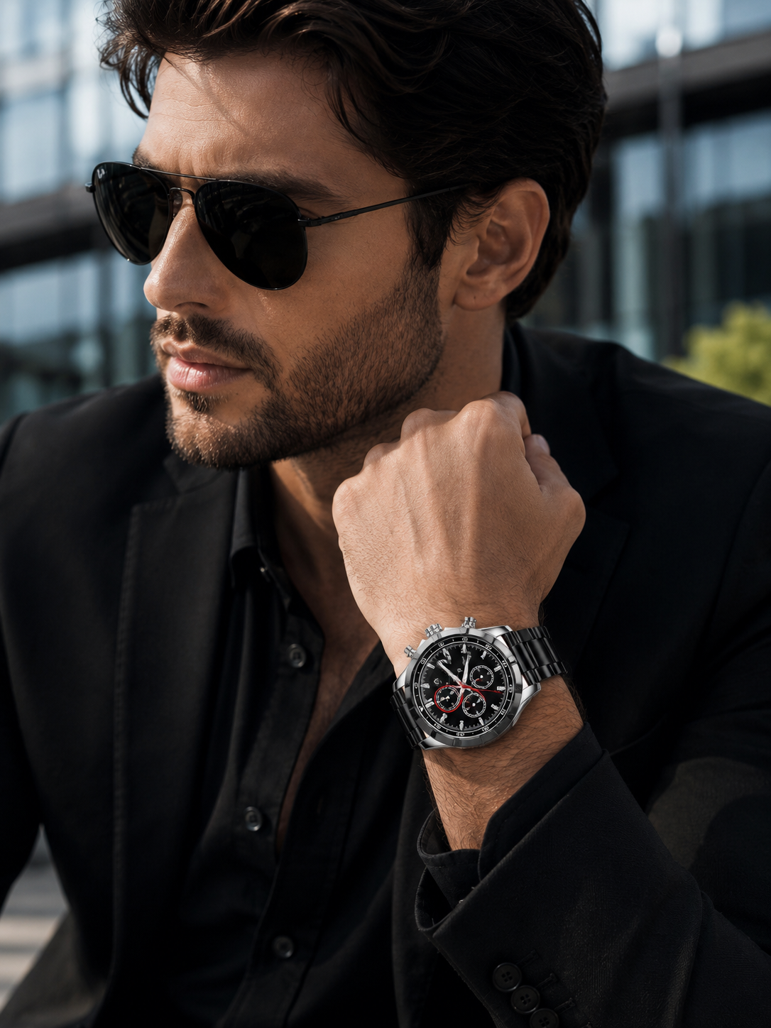 Men’s Black & Silver Chronograph-Style Watch