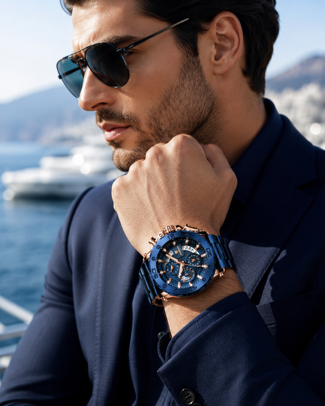 Men’s Blue & Rose Gold Luxury Chronograph-Style Watch