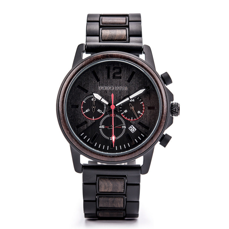 Men’s Black Wood-Inspired Chronograph-Style Watch
